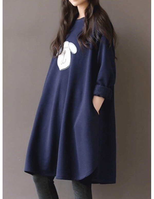 Plus Size Women Cartoon Print Long Sleeve Long Sweatshirt