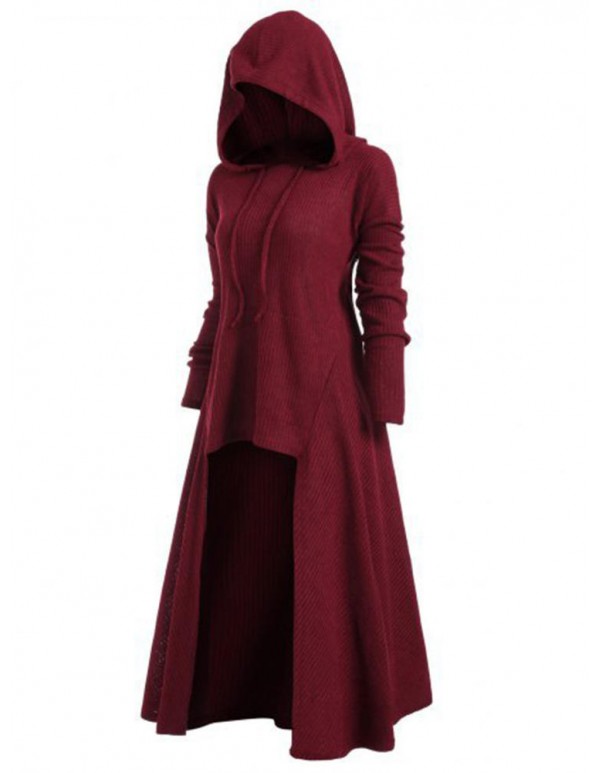Plus Size S-5XL Irregular Hem Solid Color Hooded Sweatshirt Dress